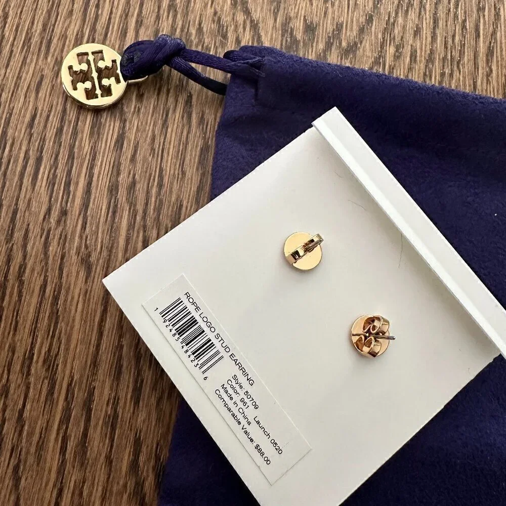 NEW！Tory Burch Logo Rope Stud Earrings -Silver